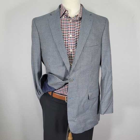 Turnbury Men's Sport Coat Blazer Two Button Houndstooth Blue Silk‎ Wool 44R